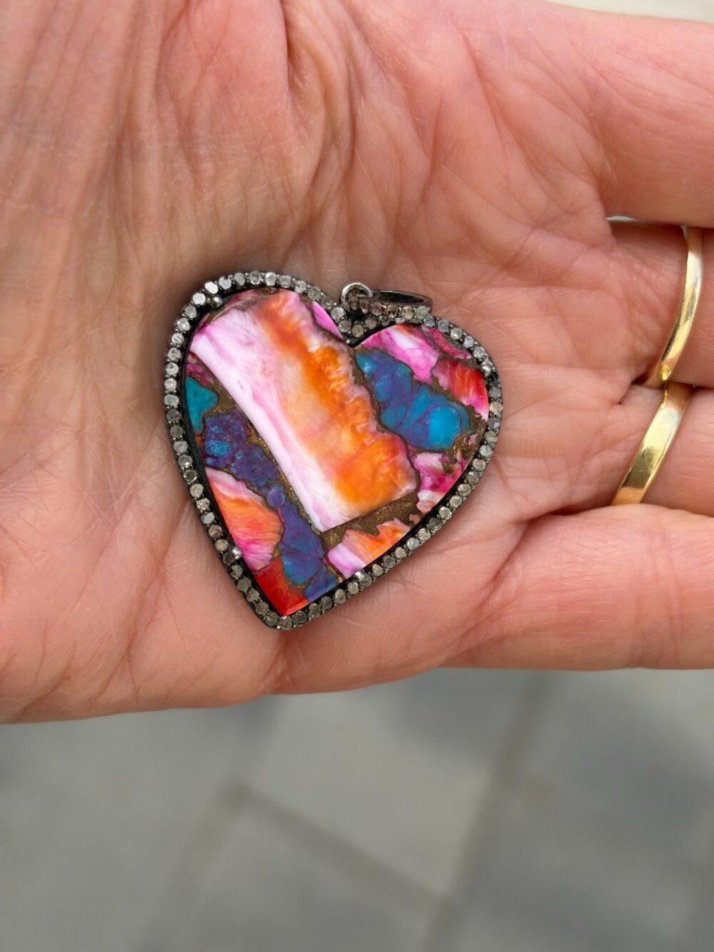 Gorgeous copper turquoise heart pendant in sterling silver with pave diamonds